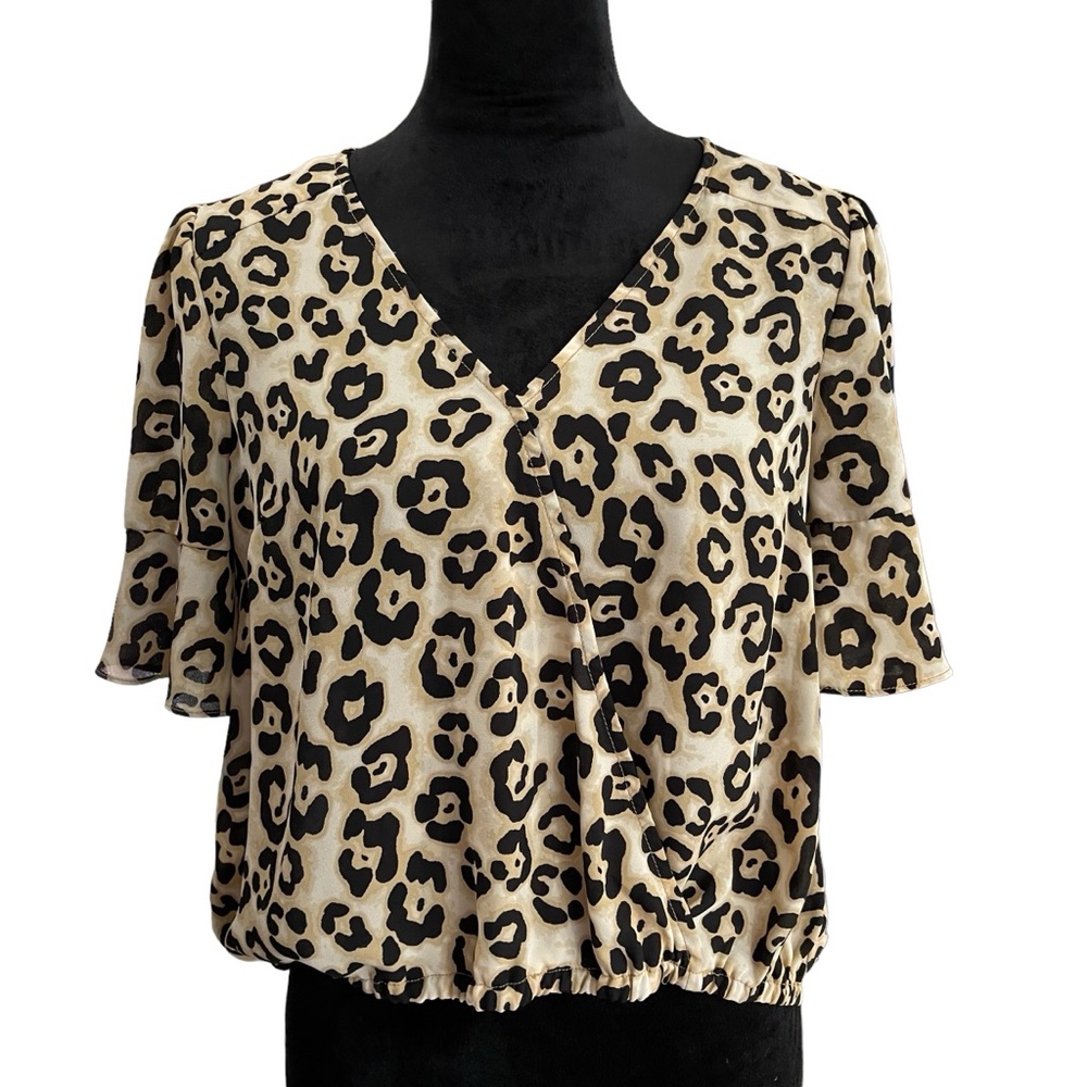 Sanctuary Animal Print Wrap Top Women’s XS Petite Short Ruffle Sleeve